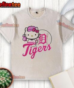 Alt Text: Cute Detroit Tigers Hello Kitty 2025 baseball washed t-shirt featuring a playful design perfect for fans.