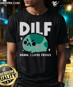 Funny 'Cute Dilf Damn I Love Frogs' T-Shirt design featuring a playful frog graphic and humorous text for frog lovers.