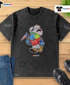 Cute DLLS mascot mashup on a washed t-shirt, showcasing vibrant colors and playful design for casual wear.