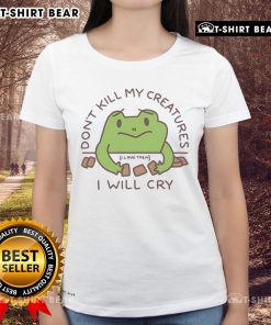 Cute 'Don't Kill My Creatures, I Will Cry' Frog Ladies Tee featuring a vibrant frog graphic on a stylish t-shirt.