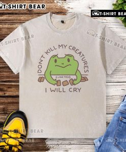Cute Don't Kill My Creatures, I Will Cry frog graphic on a washed t-shirt, perfect for animal lovers and quirky fashion.