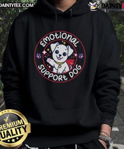 Alt Text: Adorable emotional support dog wearing a cozy hoodie, showcasing comfort and style for pet lovers.