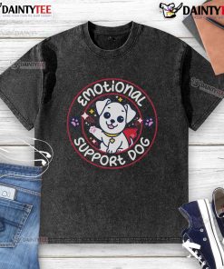 Cute emotional support dog in a washed t-shirt, showcasing its friendly personality and comforting presence.