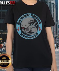 Alt Text: Cute emotional support xenomorph alien graphic on a ladies tee, perfect for sci-fi fans and stylish comfort.