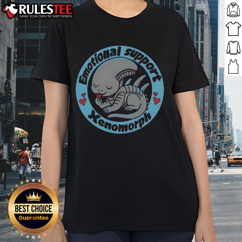 Cute Emotional Support Xenomorph Alien Predator Ladies Tee Alt Text: Cute emotional support xenomorph alien graphic on a ladies tee, perfect for sci-fi fans and stylish comfort.