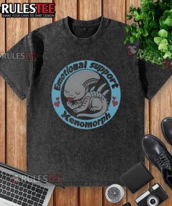Alt Text: Cute emotional support Xenomorph alien predator washed t-shirt featuring a playful design and vibrant colors.