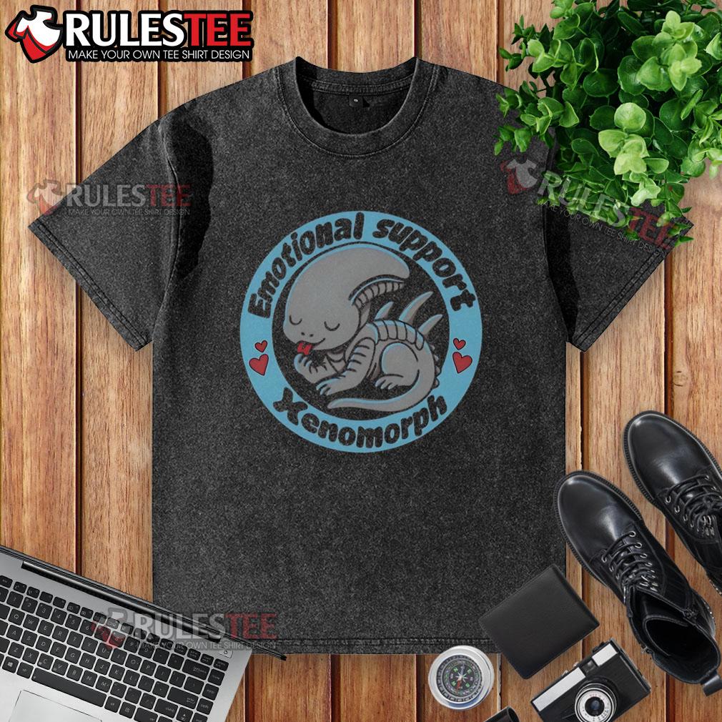 Cute Emotional Support Xenomorph Alien Predator Washed T Shirt Alt Text: Cute emotional support Xenomorph alien predator washed t-shirt featuring a playful design and vibrant colors.