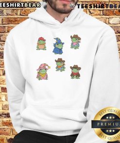 Cute frogs in cowboy and witch costumes wearing a fun hoodie, perfect for frog lovers and quirky fashion enthusiasts.