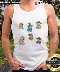Cute frogs dressed as cowboys and witches on a fun tank top design, perfect for frog lovers and unique fashion enthusiasts.