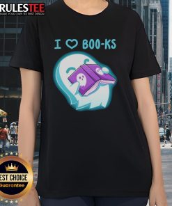 Cute ghost graphic on a 'I Heart Boo-ks' ladies tee, perfect for Halloween and book lovers.