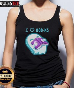 Cute ghost graphic on a 'I Heart Boo-ks' tank top, perfect for Halloween and book lovers. Stylish and fun attire!
