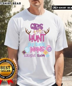 Alt Text: Cute girls wearing matching Easter t-shirts, learning to hunt like their moms taught them, celebrating family traditions.
