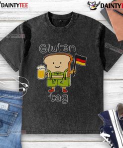 Cute gluten tag on a bread German beer washed T-shirt, showcasing trendy design for food lovers and beer enthusiasts.