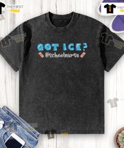 Cute school nurse wearing a washed t-shirt with ice-themed design, promoting a fun and friendly healthcare environment.