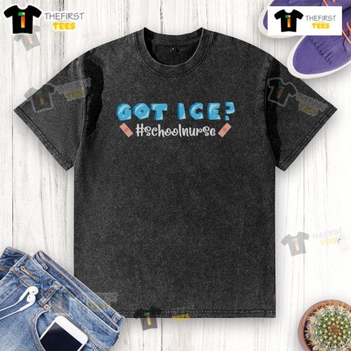 Cute school nurse wearing a washed t-shirt with ice-themed design, promoting a fun and friendly healthcare environment.