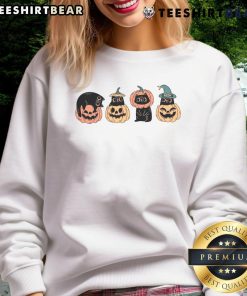 Adorable Halloween cat with a pumpkin design on a cozy sweatshirt, perfect for festive fall celebrations.