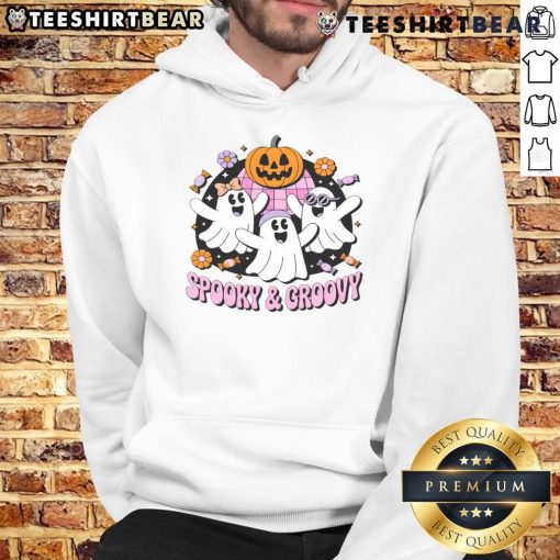 Adorable Cute Halloween Spooky Groovy Retro Ghosts Hoodie featuring playful ghost designs for festive fall style.