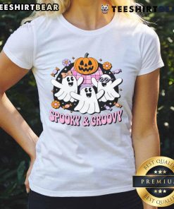 Cute Halloween spooky groovy retro ghosts design on ladies tee, perfect for festive and fun Halloween celebrations.