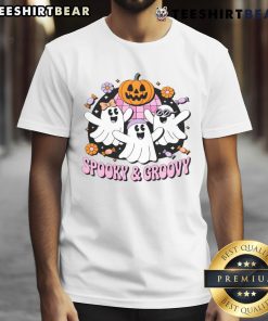 Alt Text: Cute Halloween spooky groovy retro ghosts T-shirt design featuring vibrant colors and playful ghost illustrations.