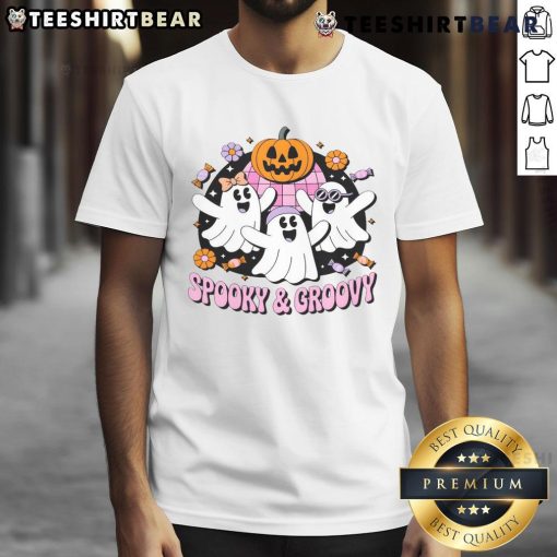 Alt Text: Cute Halloween spooky groovy retro ghosts T-shirt design featuring vibrant colors and playful ghost illustrations.