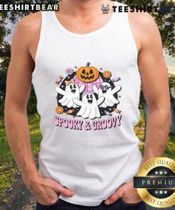 Cute Halloween spooky groovy retro ghosts tank top featuring playful ghost designs in vibrant colors.