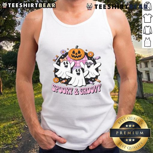 Cute Halloween spooky groovy retro ghosts tank top featuring playful ghost designs in vibrant colors.