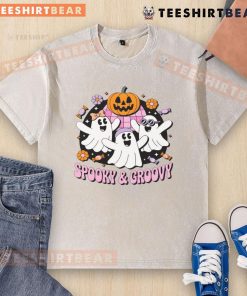 Alt Text: Cute Halloween spooky groovy retro ghosts washed t-shirt featuring colorful ghost designs for festive style.