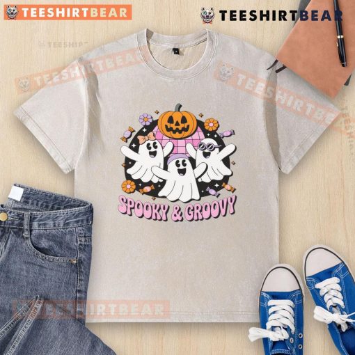 Alt Text: Cute Halloween spooky groovy retro ghosts washed t-shirt featuring colorful ghost designs for festive style.