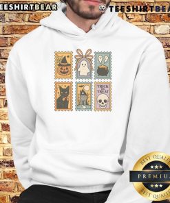 Alt Text: Cute Halloween stamp with ghost, pumpkin, and cat on a Trick or Treat hoodie for festive celebrations.