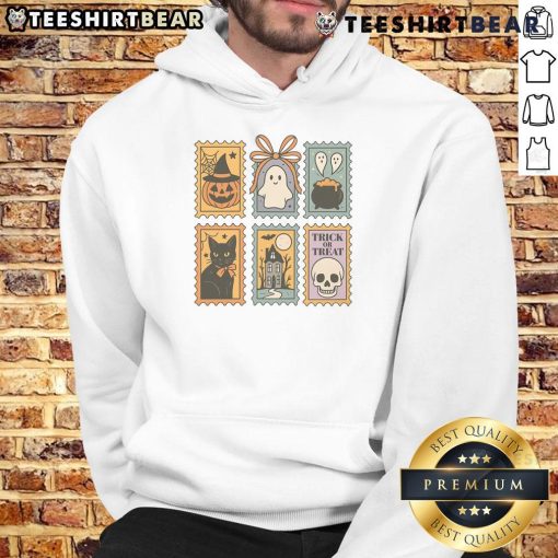 Alt Text: Cute Halloween stamp with ghost, pumpkin, and cat on a Trick or Treat hoodie for festive celebrations.