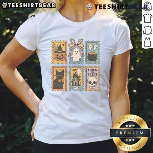 Alt Text: Cute Halloween stamp featuring a ghost, pumpkin, and cat on a ladies tee for trick or treat festivities.
