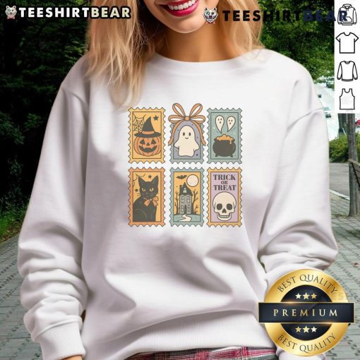 Alt Text: Cute Halloween stamp featuring a ghost, pumpkin, and cat on a trick-or-treat sweatshirt design.