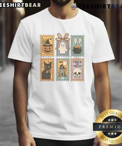 Alt Text: Cute Halloween stamp featuring a ghost, pumpkin, and cat on a Trick or Treat T-shirt design for festive fun.