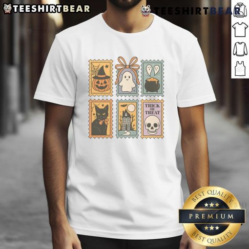 Alt Text: Cute Halloween stamp featuring a ghost, pumpkin, and cat on a Trick or Treat T-shirt design for festive fun.