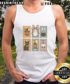 Adorable Halloween stamp design featuring a ghost, pumpkin, and cat on a trick or treat tank top.