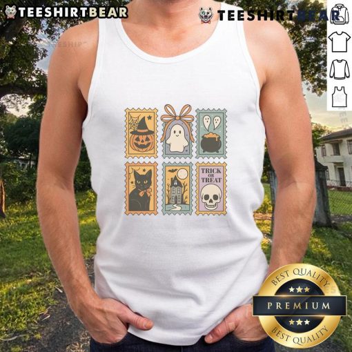 Adorable Halloween stamp design featuring a ghost, pumpkin, and cat on a trick or treat tank top.