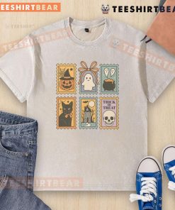 Alt Text: Cute Halloween stamp featuring a ghost, pumpkin, and cat on a washed t-shirt for trick or treat fun.