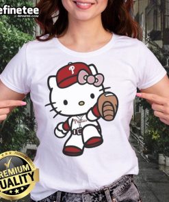 Cute Hello Kitty Philadelphia Phillies MLB 2025 ladies tee featuring vibrant colors and playful design for fans.