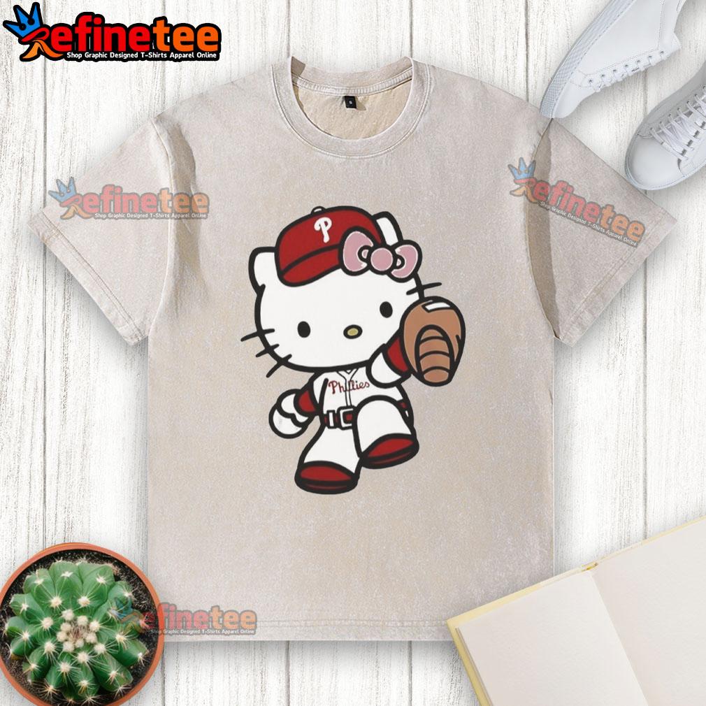 Cute Hello Kitty Philadelphia Phillies Mlb 2025 Washed T Shirt Alt Text: Cute Hello Kitty Philadelphia Phillies MLB 2025 washed t-shirt featuring a playful design for baseball fans.