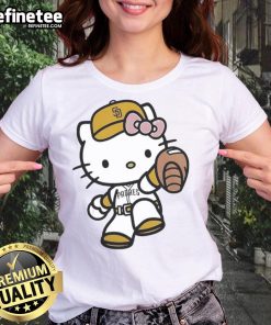 Alt Text: Cute Hello Kitty San Diego Padres MLB 2025 ladies tee featuring vibrant graphics and a stylish design for fans.