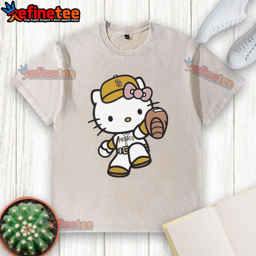Cute Hello Kitty San Diego Padres Mlb 2025 Washed T Shirt Alt Text: Cute Hello Kitty San Diego Padres MLB 2025 washed t-shirt featuring a vibrant design and comfortable fit.