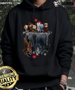 Alt Text: Cute horror movie villains baby reflection in Halloween hoodie, perfect for festive fun and spooky style.