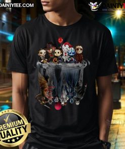 Alt Text: Cute horror movie villains baby reflection Halloween T-shirt featuring playful designs perfect for spooky festivities.