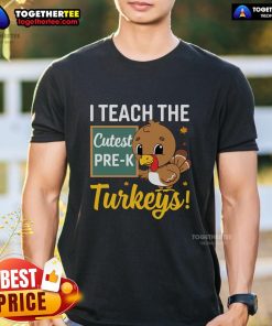 Alt Text: Cute I Teach The Cutest Pre-K Turkeys Thanksgiving T-Shirt featuring playful turkey graphics perfect for teachers.