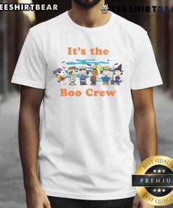 Alt Text: Cute It'S The Boo Crew Peanuts T-Shirt featuring iconic characters in a festive Halloween design.