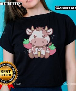 Cute Kawaii Strawberry Cow Ladies Tee featuring a playful cow design with strawberries, perfect for casual fashion lovers.