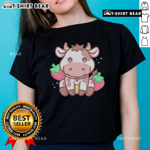 Cute Kawaii Strawberry Cow Ladies Tee featuring a playful cow design with strawberries, perfect for casual fashion lovers.