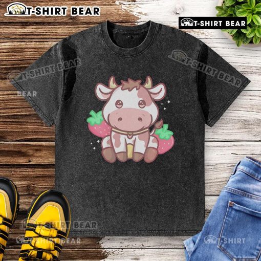 Cute kawaii strawberry cow washed t-shirt featuring a playful design perfect for casual wear and anime fans.