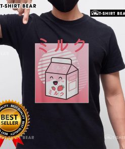 Adorable kawaii strawberry milk graphic on a trendy Japanese aesthetic T-shirt, perfect for cute fashion lovers.