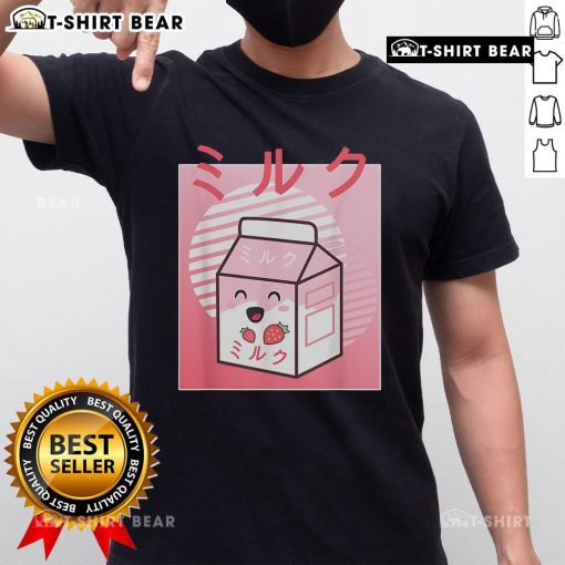 Adorable kawaii strawberry milk graphic on a trendy Japanese aesthetic T-shirt, perfect for cute fashion lovers.
